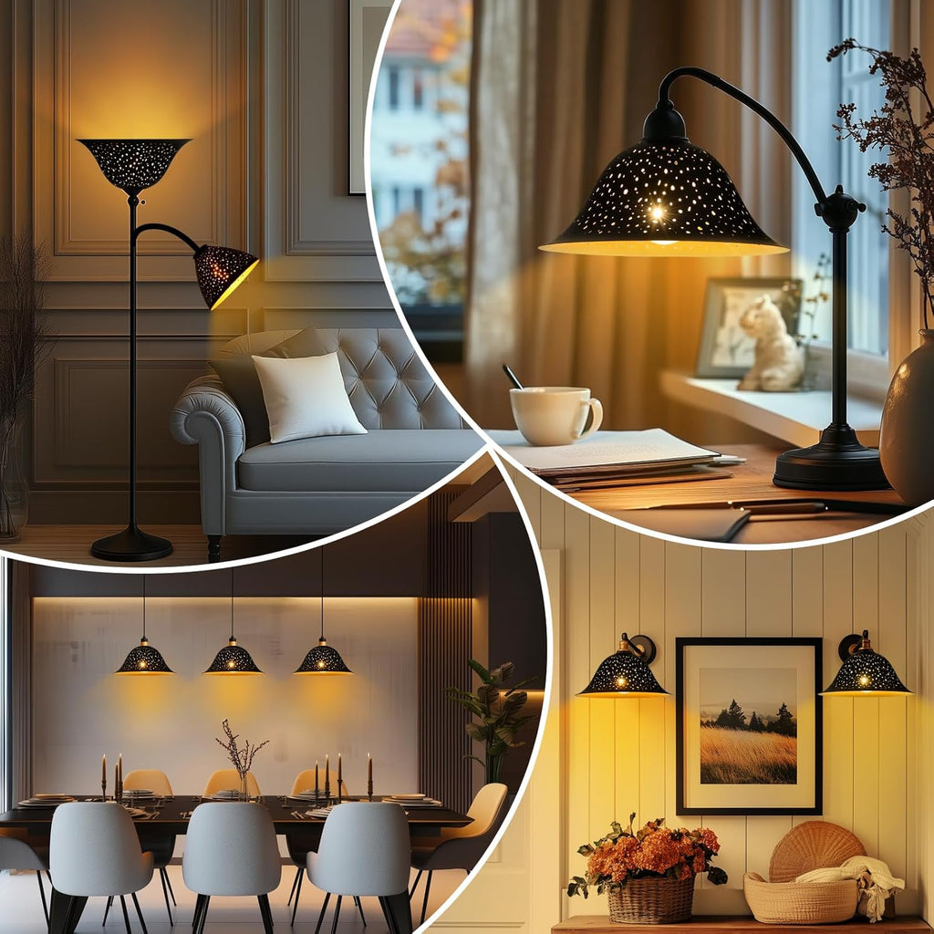 Etched Star Metal Lampshade – Black & Gold Bell Shape, 9.5” Diameter, 4” Height – Fits Torchiere, Floor & Pendant Lights (E26 Socket)