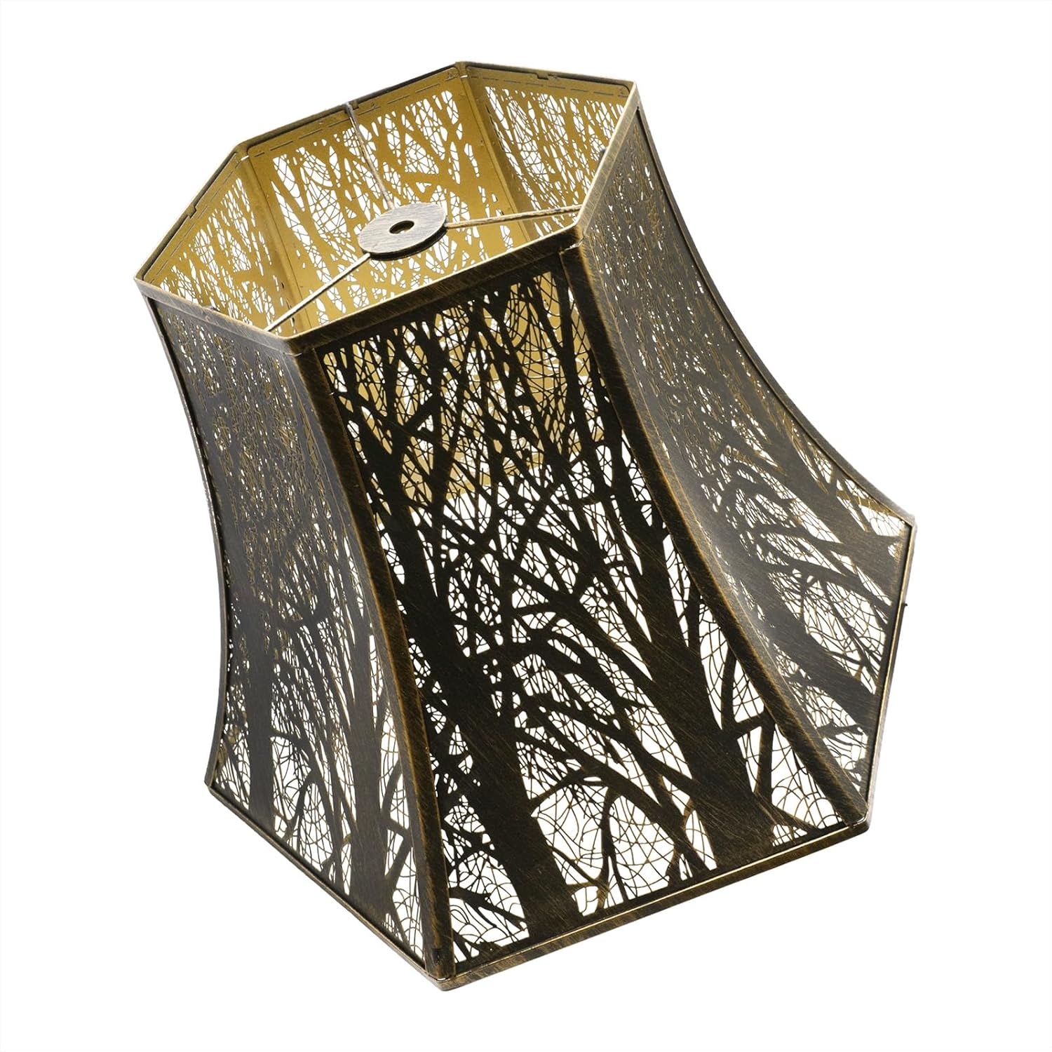 Hexagon Metal Lamp Shade with Etched Forest Trees, Bronze & Gold Finish, 16" Bottom, Spider Fitter for Table & Floor Lamps