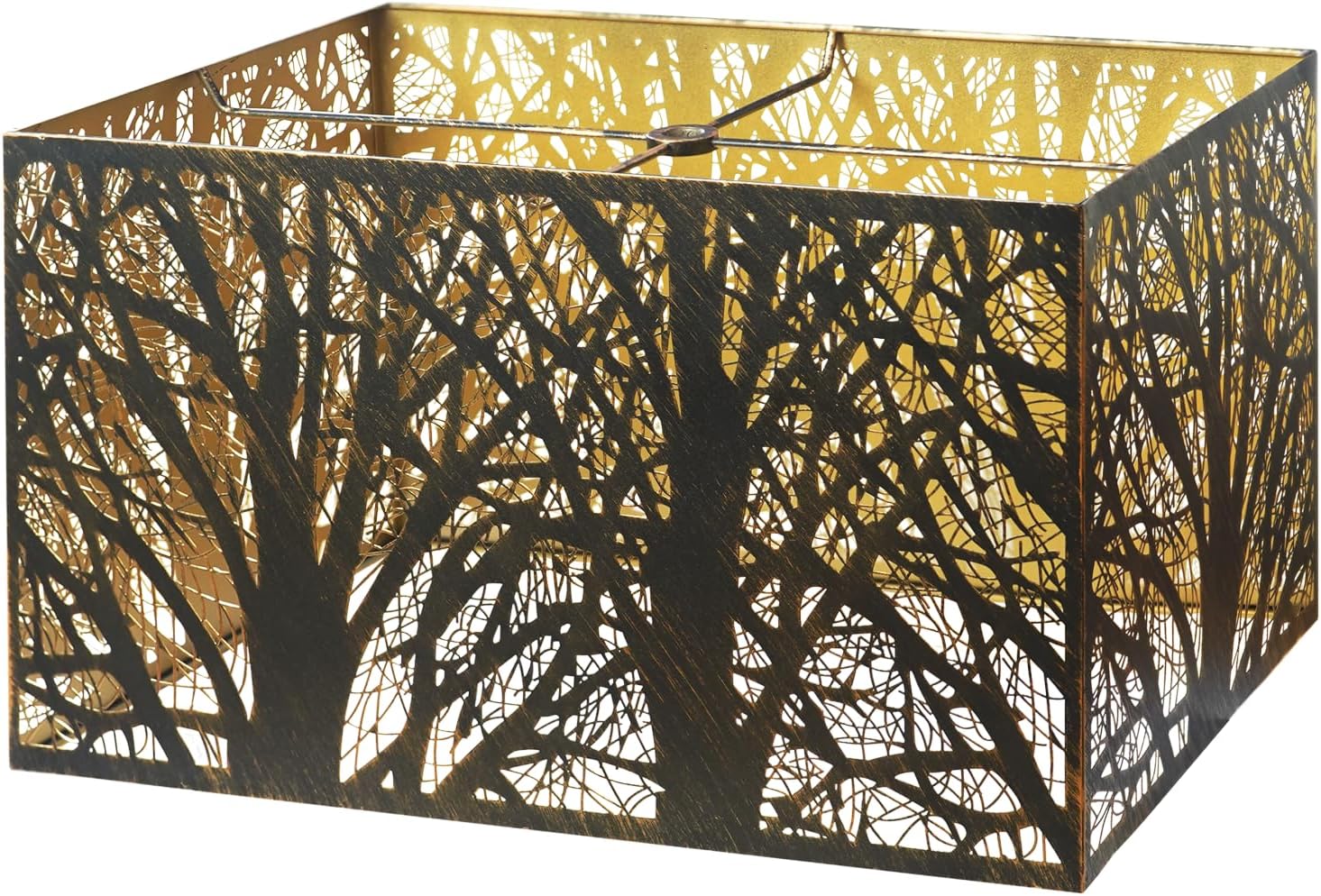 ALUCSET 14"×8"×9" Rectangular Metal Lamp Shade, Forest Etched Tree Shadow Glow Lampshade with Spider Fitter for Table Lamps