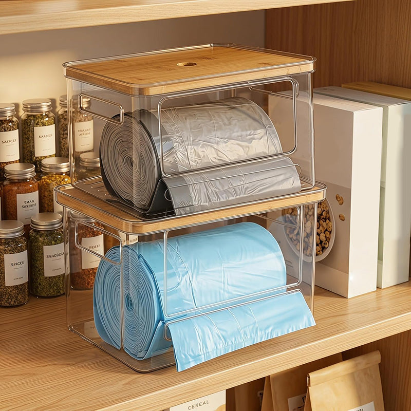 Stackable Storage Organizer with Bamboo Top, Extra Large Trash Bag Dispenser, Garbage Bag Holder, Under Sink Organizer, Pantry and Laundry Room Storage