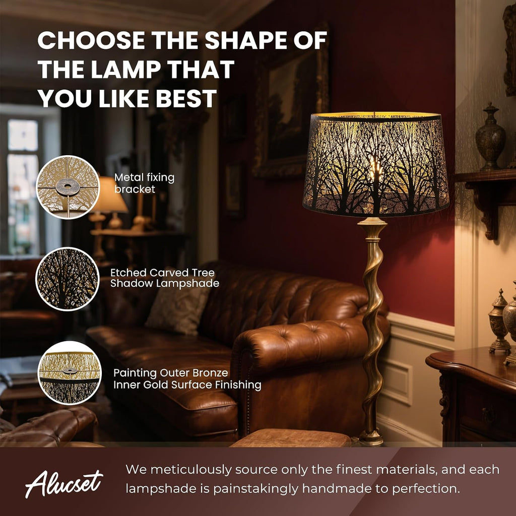 ALUCSET 14"×16"×9.5" Drum Metal Lamp Shade, Forest Etched Tree Shadow Bronze Gold Lampshade with Spider Fitter for Table & Floor Lamps