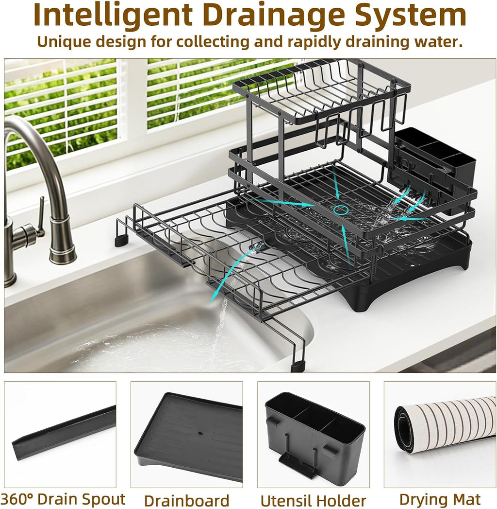 Expandable 2 Tier Dish Drying Rack with Drainboard Utensil Holder, Black Metal Over Sink Dish Drainer with Quick Dry Mat for Kitchen Countertop