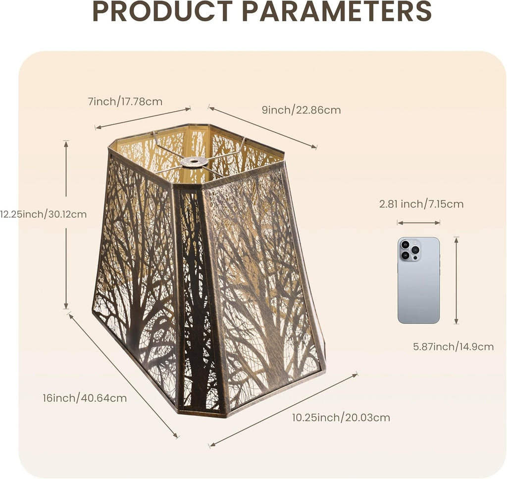 ALUCSET 7"×9"×12.25" Hexagonal Metal Lamp Shade, Forest Etched Tree Shadow Glow Lampshade with Spider Fitter for Table & Floor Lamps