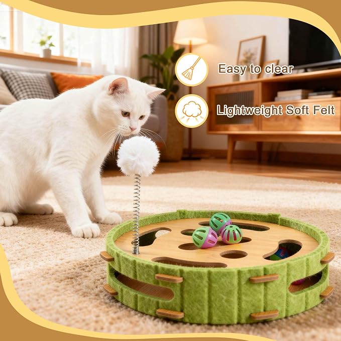 Interactive Cat Toy Ball Track, Wooden Cat Puzzle Toy with Bell Balls and Spring Pom-Pom, Cat Enrichment Activity Center for Indoor Cats Kittens