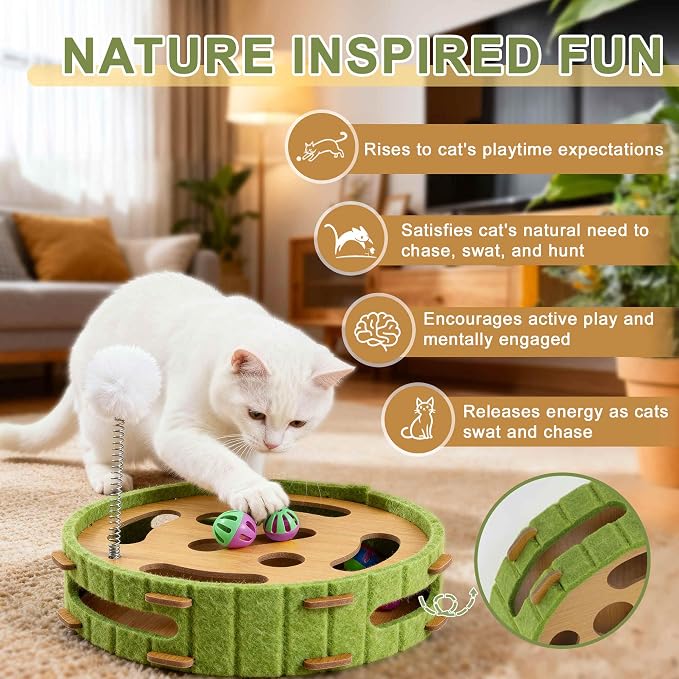 Interactive Cat Toy Ball Track, Wooden Cat Puzzle Toy with Bell Balls and Spring Pom-Pom, Cat Enrichment Activity Center for Indoor Cats Kittens