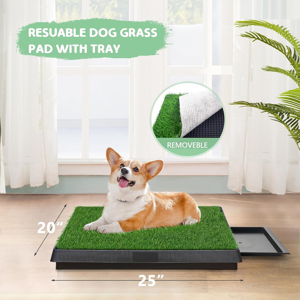 Dog Grass Pad with Tray, Washable Reusable Artificial Turf Pee Pad, Indoor Pet Toilet for Small Medium Dogs，25" x 20"
