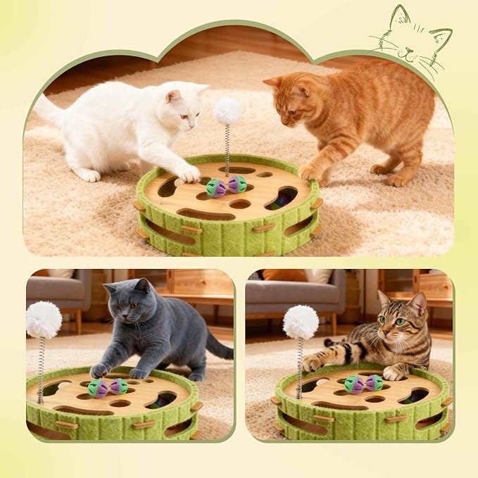 Interactive Cat Toy Ball Track, Wooden Cat Puzzle Toy with Bell Balls and Spring Pom-Pom, Cat Enrichment Activity Center for Indoor Cats Kittens