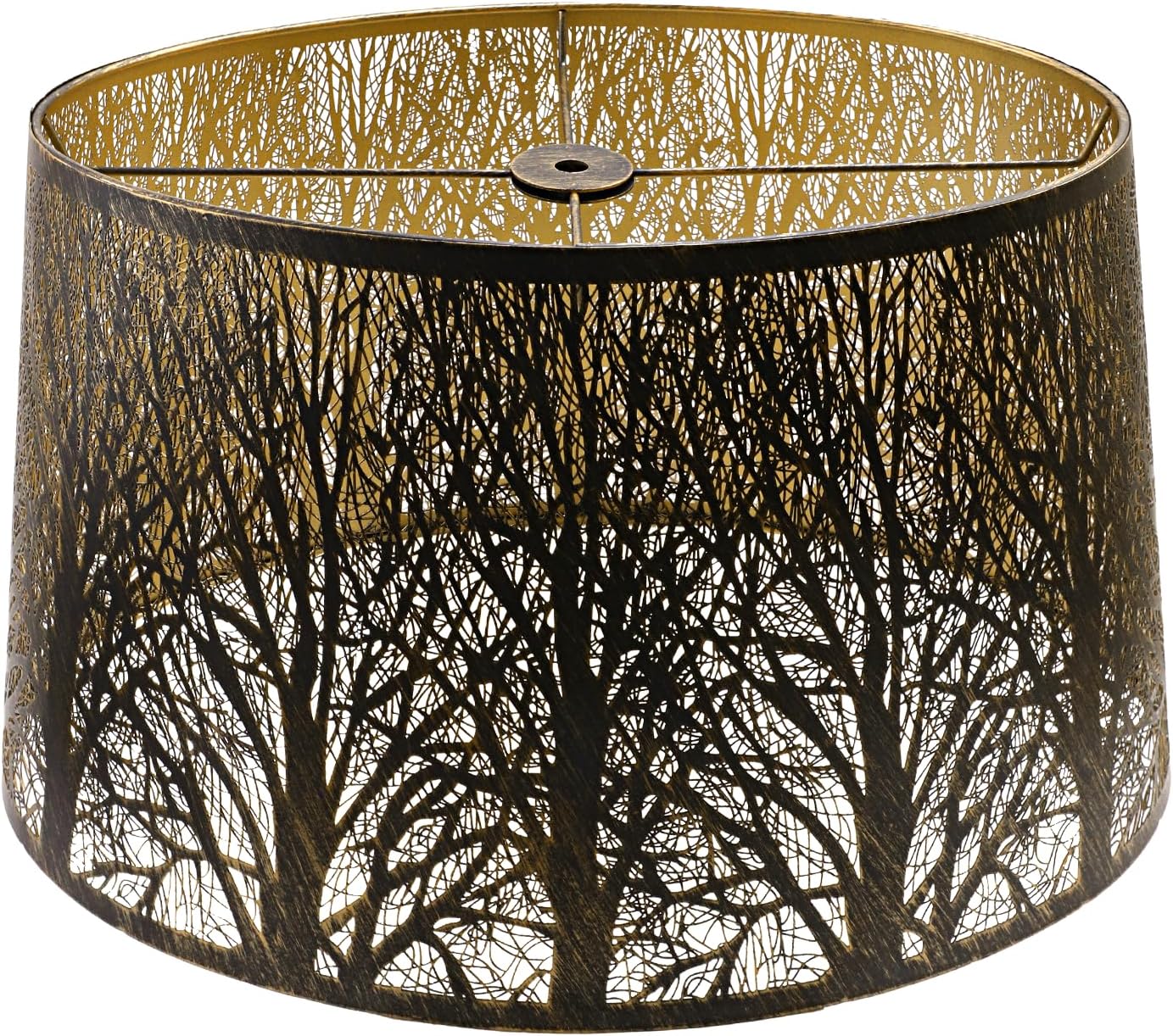 ALUCSET 14"×16"×9.5" Drum Metal Lamp Shade, Forest Etched Tree Shadow Bronze Gold Lampshade with Spider Fitter for Table & Floor Lamps