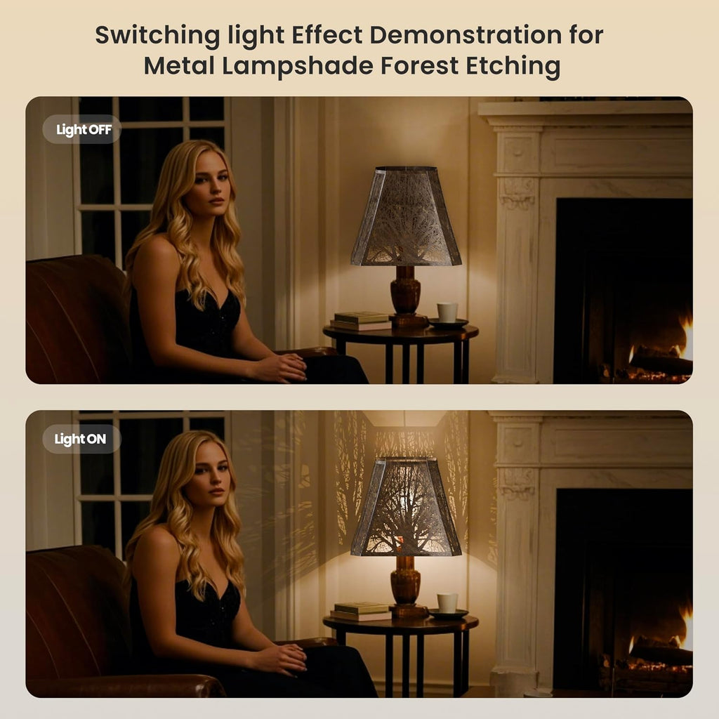 ALUCSET 7"×9"×12.25" Hexagonal Metal Lamp Shade, Forest Etched Tree Shadow Glow Lampshade with Spider Fitter for Table & Floor Lamps