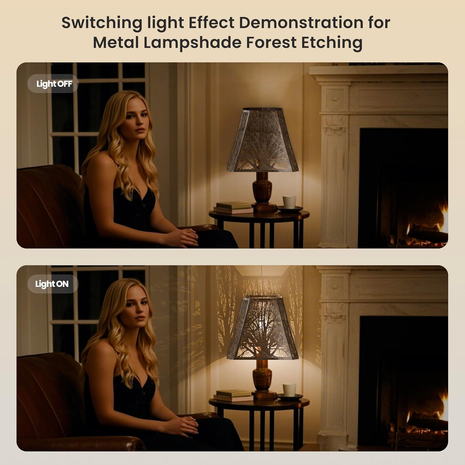 ALUCSET 7"×9"×12.25" Hexagonal Metal Lamp Shade, Forest Etched Tree Shadow Glow Lampshade with Spider Fitter for Table & Floor Lamps