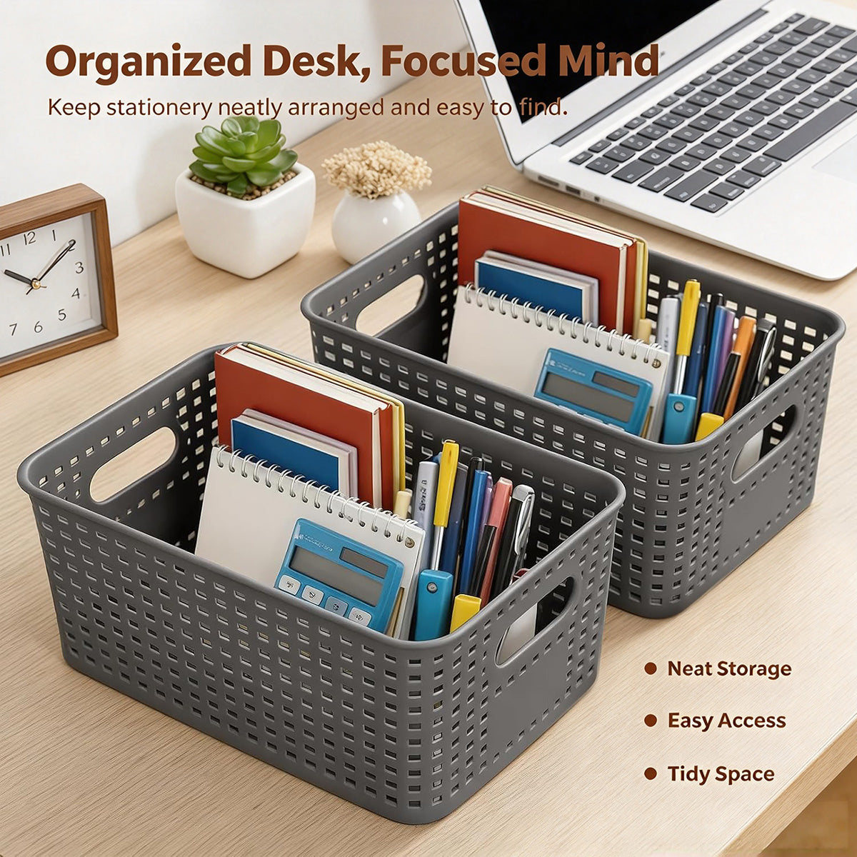 4-Pack Plastic Storage Bins with Lids, Stackable Storage Baskets for Shelves, Drawers, Closets, Playrooms, Classrooms and Offices