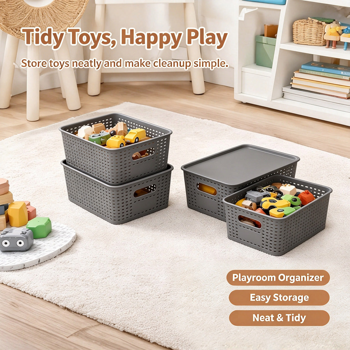 4-Pack Plastic Storage Bins with Lids, Stackable Storage Baskets for Shelves, Drawers, Closets, Playrooms, Classrooms and Offices