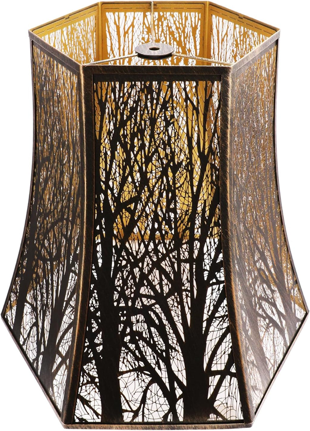 ALUCSET 10"×16"×14.5" Hexagonal Metal Lamp Shade, Forest Etched Tree Shadow Bronze Gold Lampshade with Spider Fitter for Table & Floor Lamps