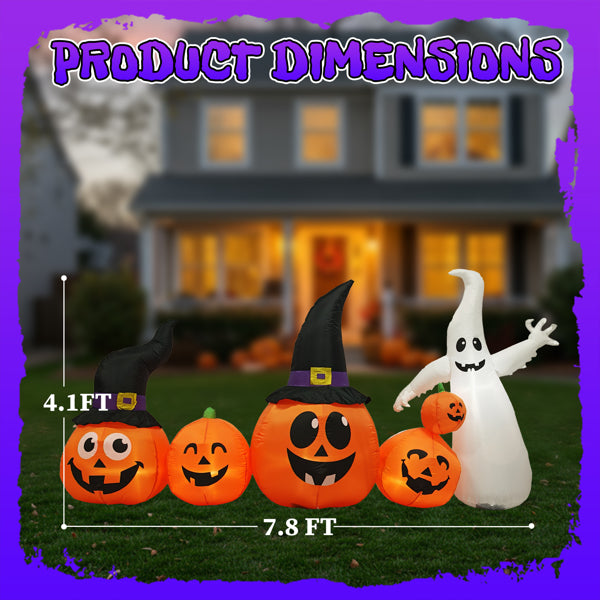 8FT Inflatable Halloween Yard Decor, Row of Hats Pumpkins & White Ghost with 5 LED Lights, Festive Outdoor Prop for Trick or Treat Season