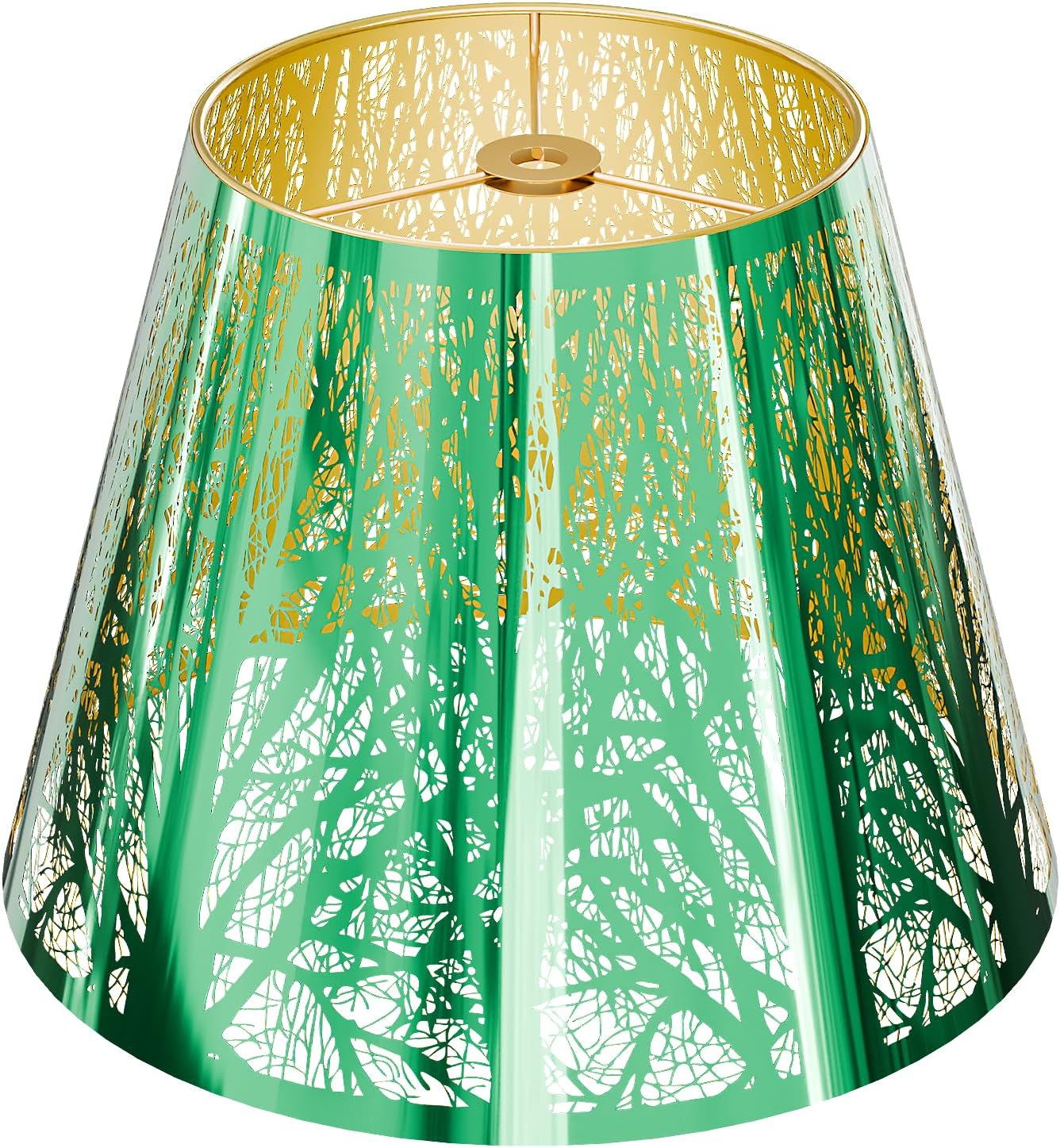 ALUCSET Small Metal Lamp Shade with Etched Forest Pattern – 6" Top, 10" Bottom, 7.5" Height, Spider Fitter, Green & Gold Finish