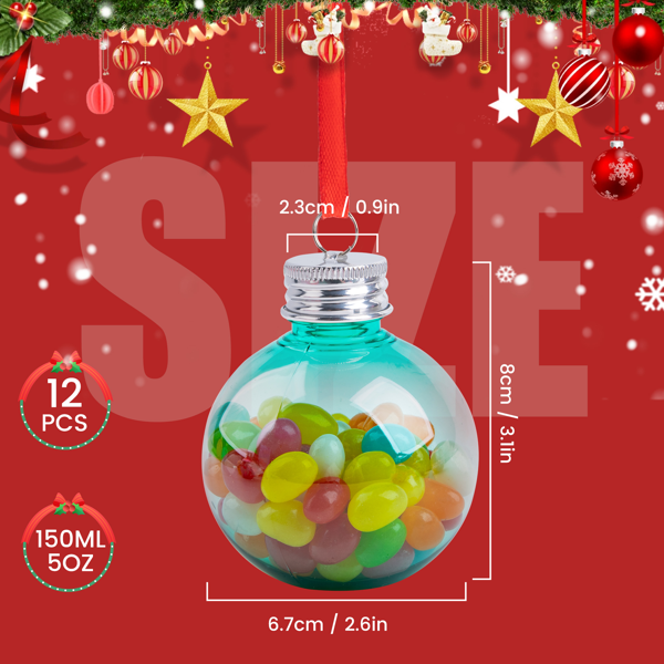 12ct Fillable Christmas Ornament Balls, 5oz Plastic Bulb Containers with Hanging Loops, Pink & Green Tree Decor and Stocking Stuffers