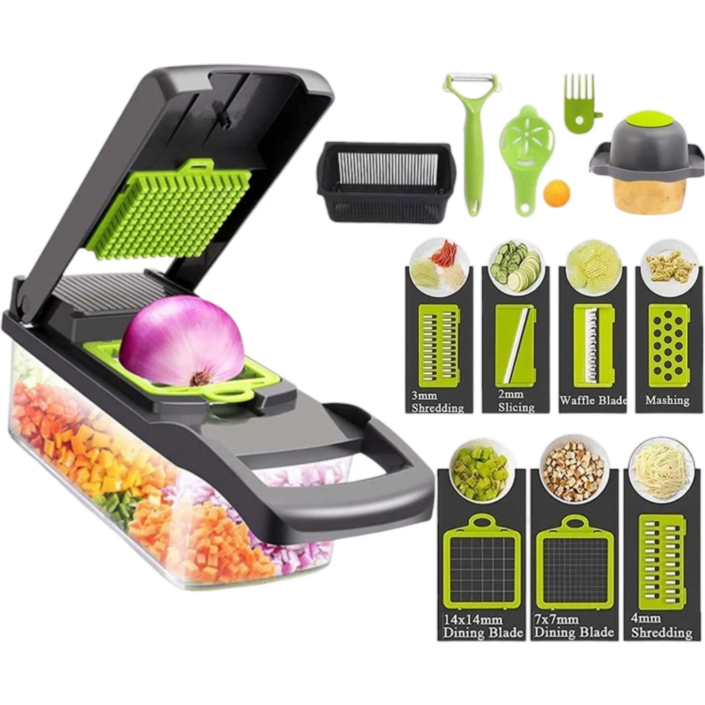 16 in 1 Vegetable Chopper, Multifunctional Veggie Slicer Dicer with 1.5L Storage Container, Interchangeable Blades & Hand Guard for Onion Carrot Fruit