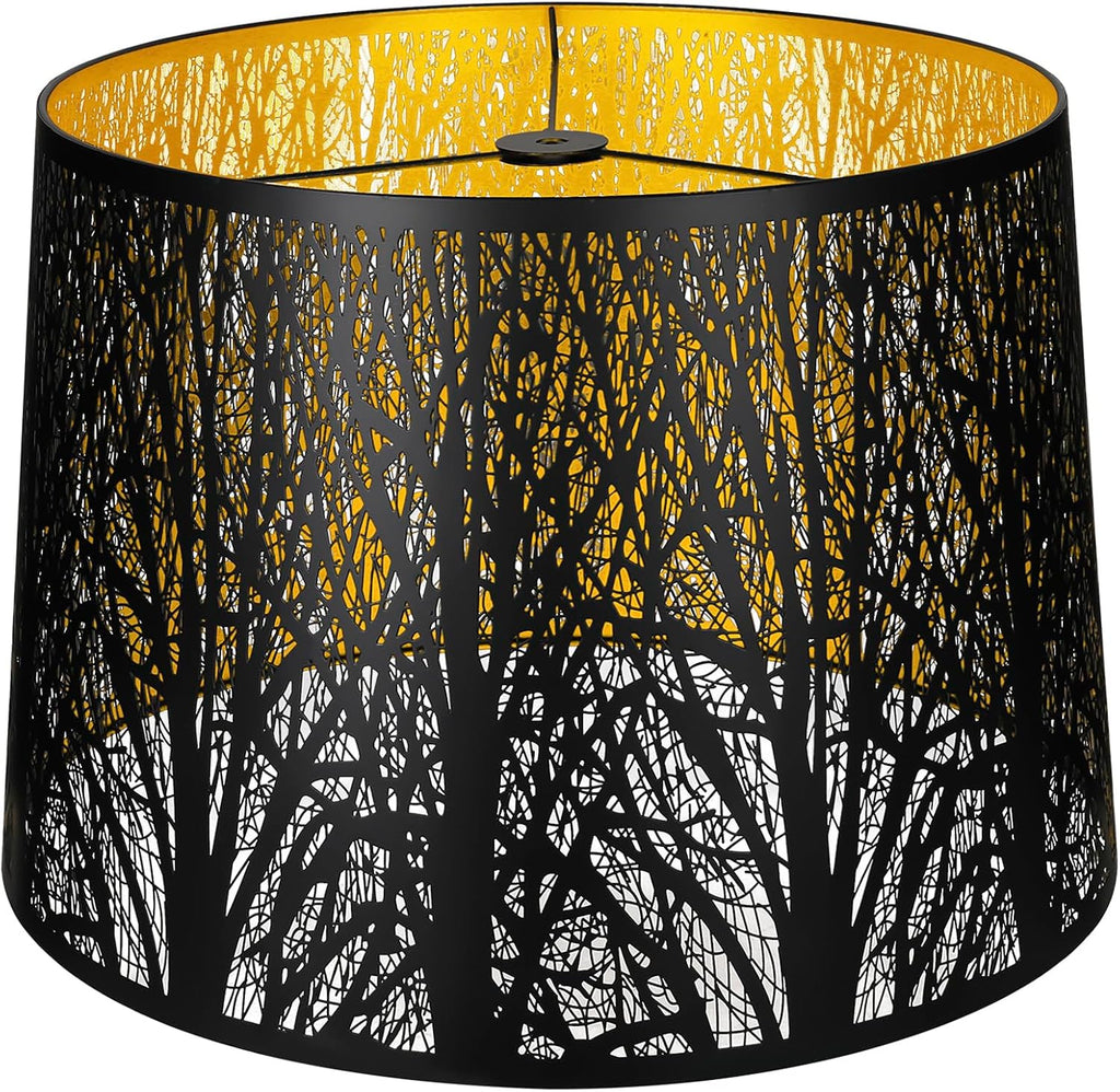 ALUCSET 14"×16"×11" Drum Metal Lamp Shade, Black Gold Forest Etched Tree Shadow Lampshade with Spider Fitter for Table & Floor Lamps