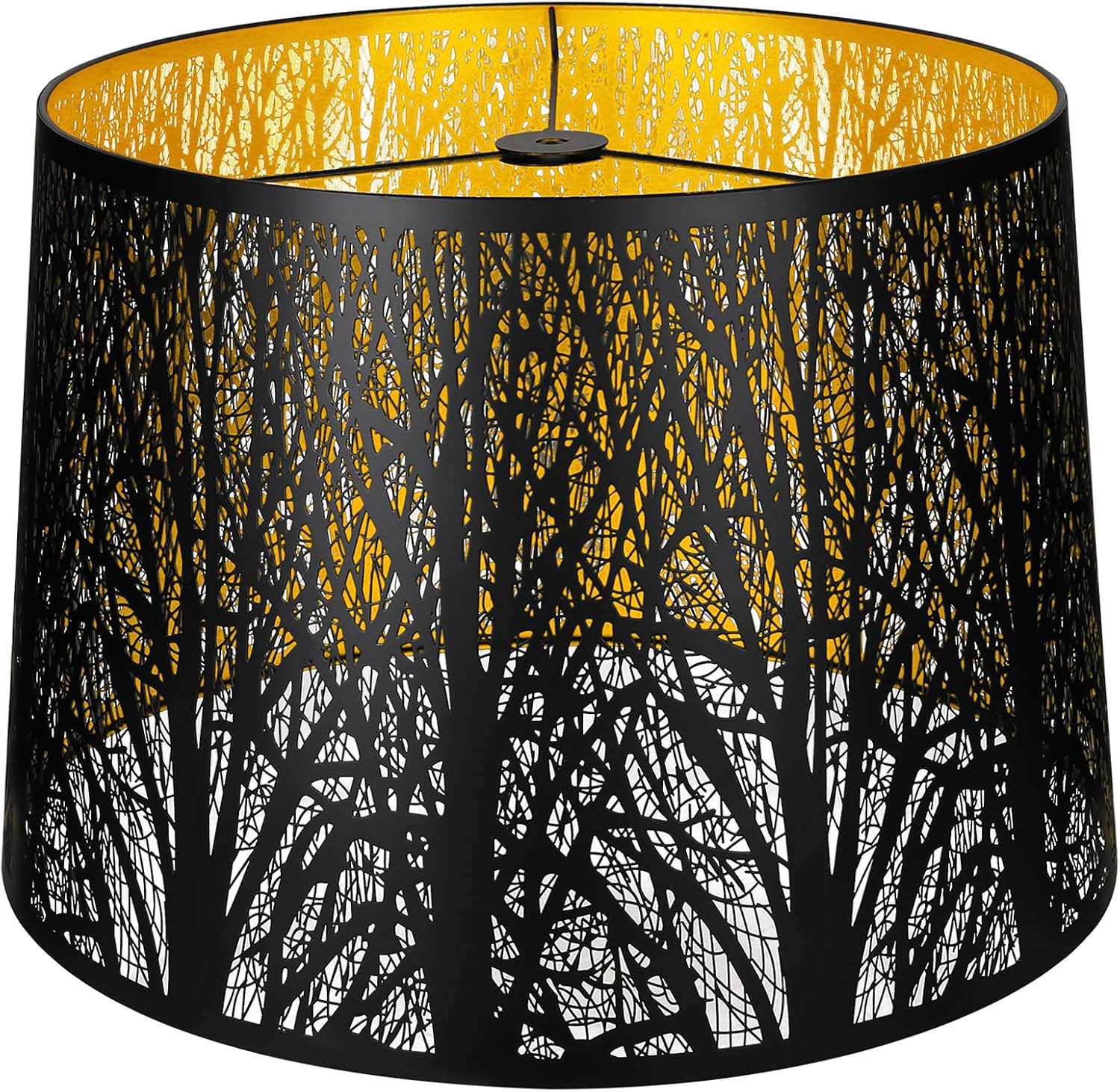 ALUCSET 14"×16"×11" Drum Metal Lamp Shade, Black Gold Forest Etched Tree Shadow Lampshade with Spider Fitter for Table & Floor Lamps