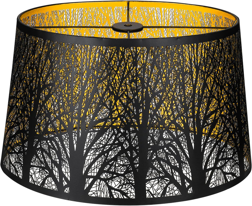 Black Gold Etched Forest Oval Metal Lamp Shade – Replacement for Table & Floor Lamps, Spider Fitter, 14" Bottom Width, 8.5" Height