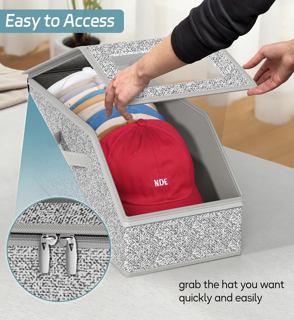 4 Pack Stackable Hat Storage for Baseball Caps, Holds up to 12 Caps Each, Grey Hat Organizer for Closet, Sturdy Cardboard Hat Boxes for Men