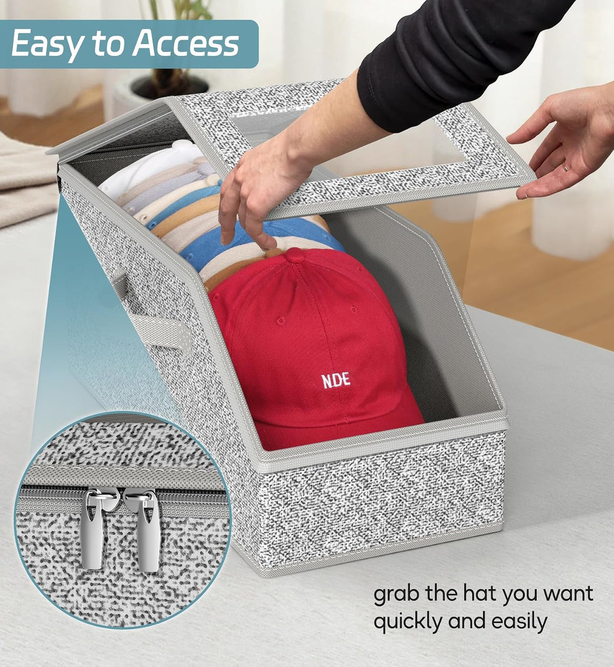 4 Pack Stackable Hat Storage for Baseball Caps, Holds up to 12 Caps Each, Grey Hat Organizer for Closet, Sturdy Cardboard Hat Boxes for Men