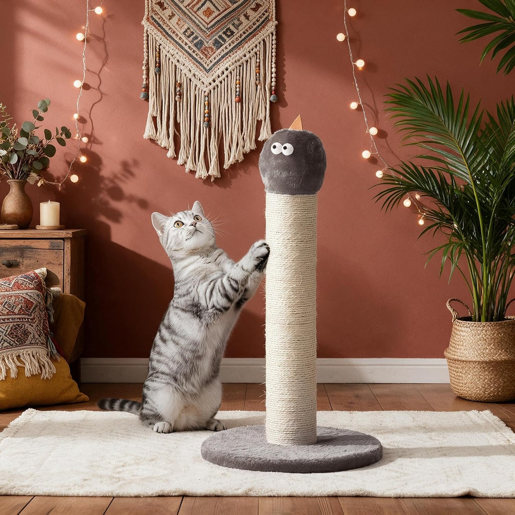 22" Cat Scratching Post, Sisal Scratcher with Interactive Hanging Toy, Monster Design for Indoor Cats, Fits Kittens & Large Cats, Grey
