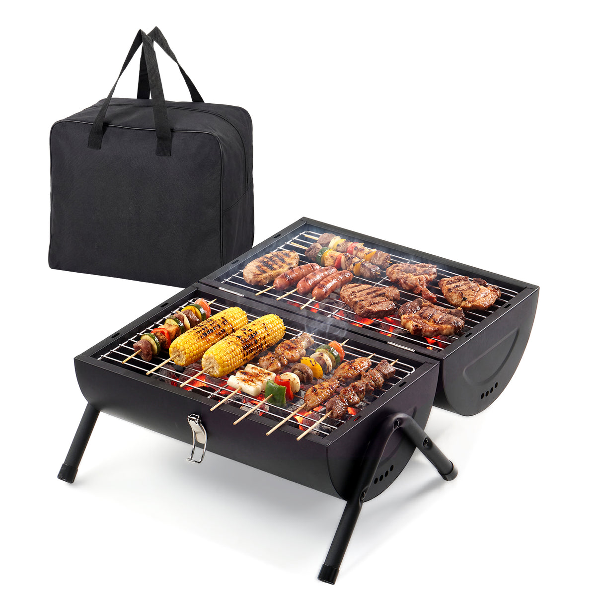 AEELLEEA-Portable Charcoal Grill, Tabletop BBQ Stove with Dual-side Grilling, Compact Barbecue Grill for Camping & Backyard Party, Black