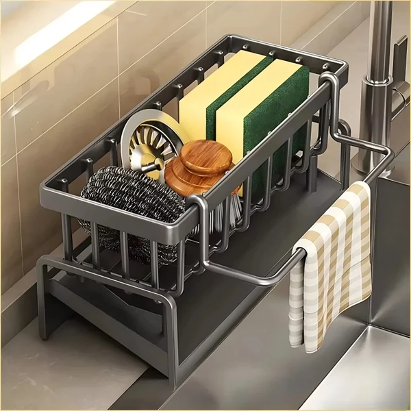 AEELLEEA Kitchen Sink Caddy 9.06 x 3.54 x 5.91 Inch, Rustproof Sponge Holder with Drip Tray & Towel Bar for Dish Brush Soap