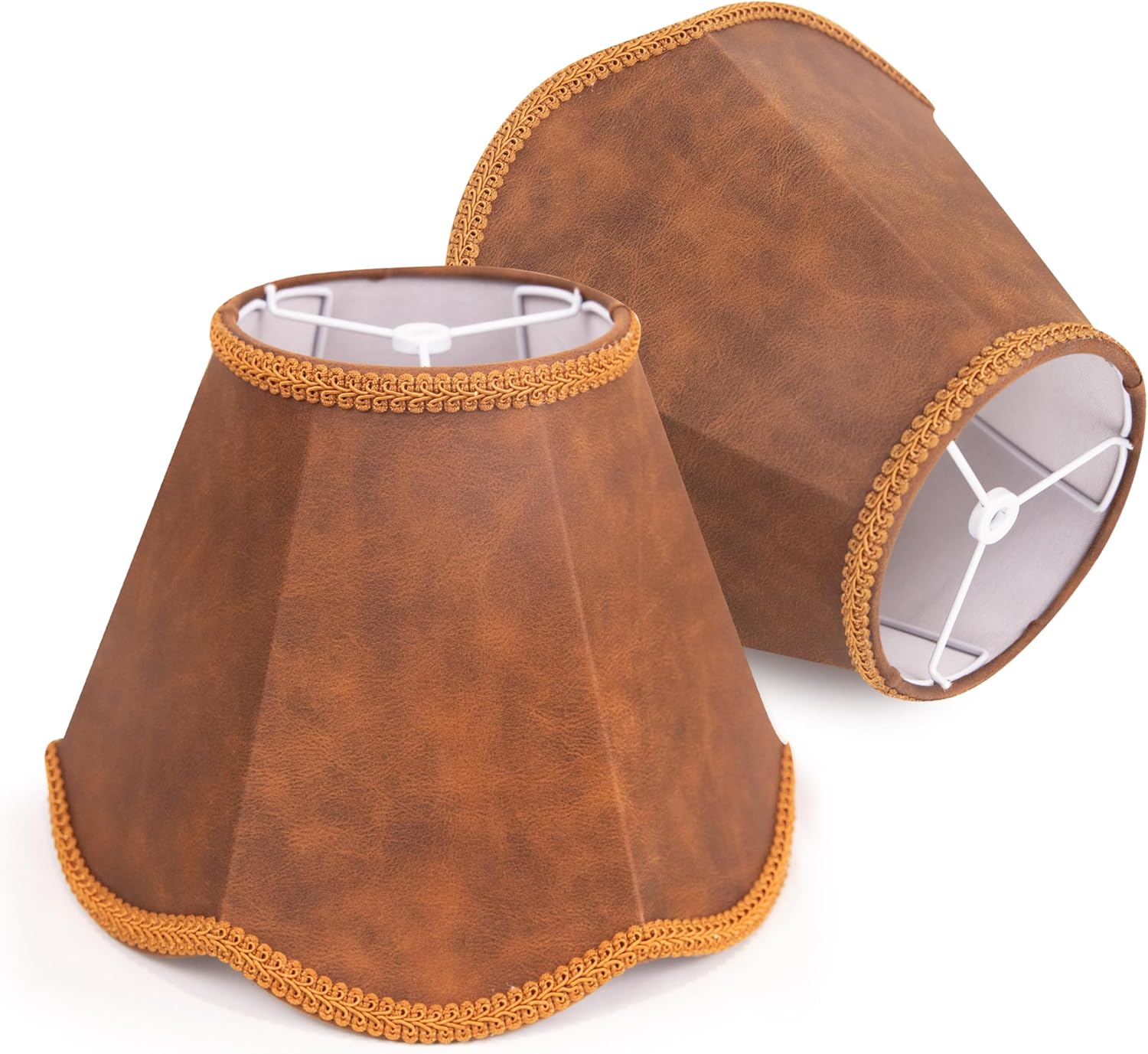 ALUCSET Set of 2 Faux Leather Lamp Shades – Scalloped Bell Shape, 6" Top × 12" Bottom × 8.5" H, Spider Fitter, Rustic Style for Table & Floor Lamps