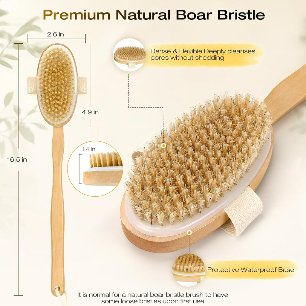 AEELLEEA 16.5 Inch Long Handle Bath Brush, Natural Boar Bristle Detachable Body Brush for Shower Exfoliating Dry Brushing Back Scrubber
