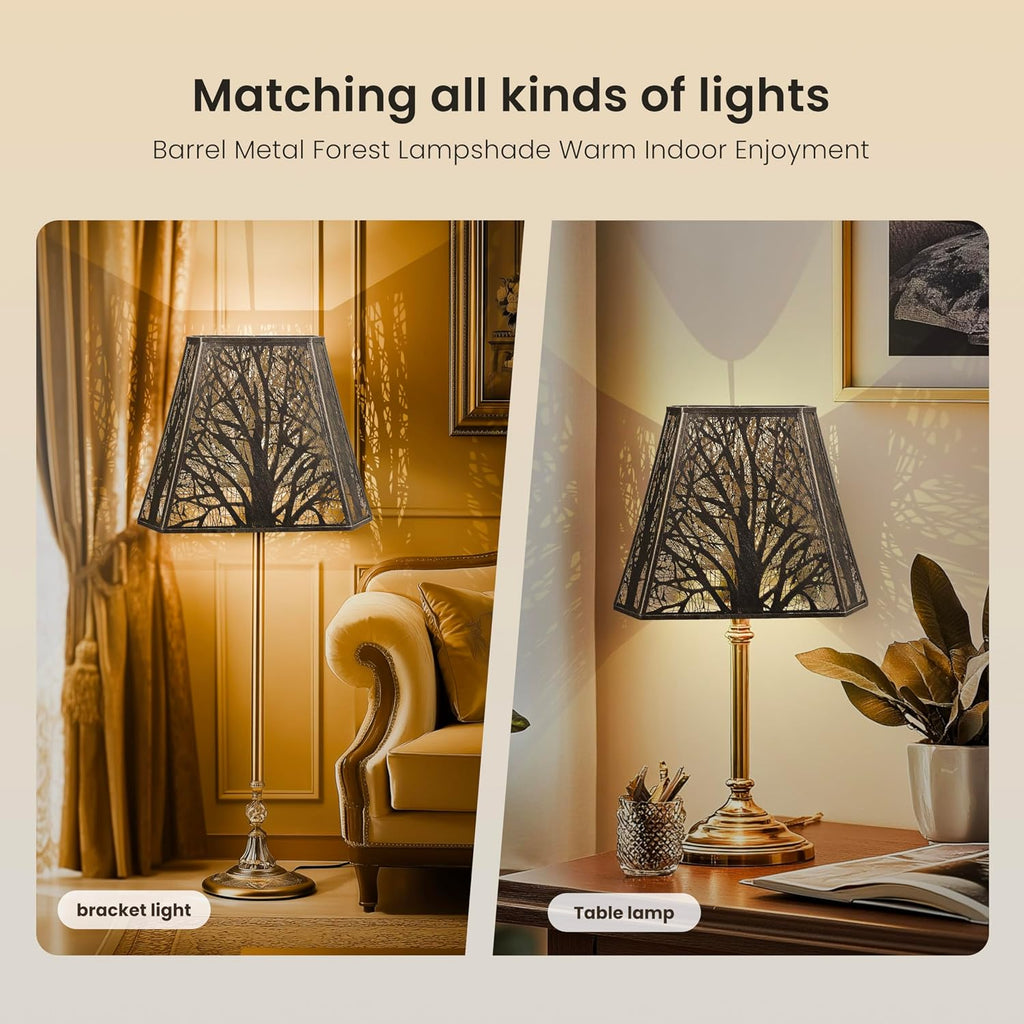 ALUCSET 7"×9"×12.25" Hexagonal Metal Lamp Shade, Forest Etched Tree Shadow Glow Lampshade with Spider Fitter for Table & Floor Lamps