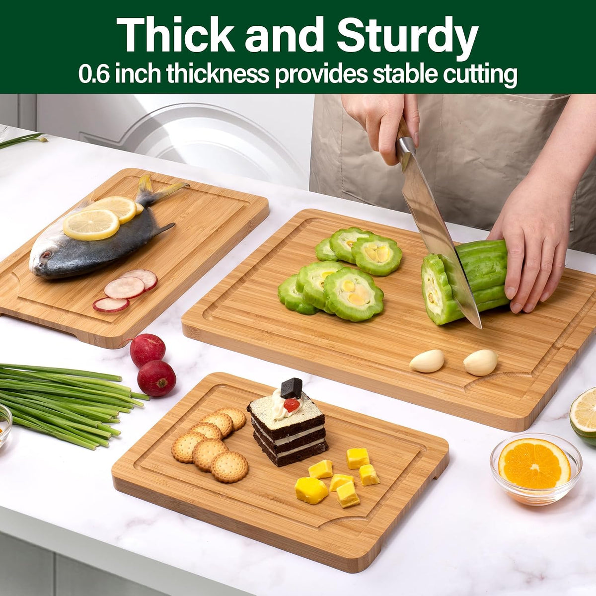 3 Piece Bamboo Cutting Board Set with Juice Groove and Handles, Thick Wooden Chopping Boards for Kitchen Meat Vegetables Fruit Cheese