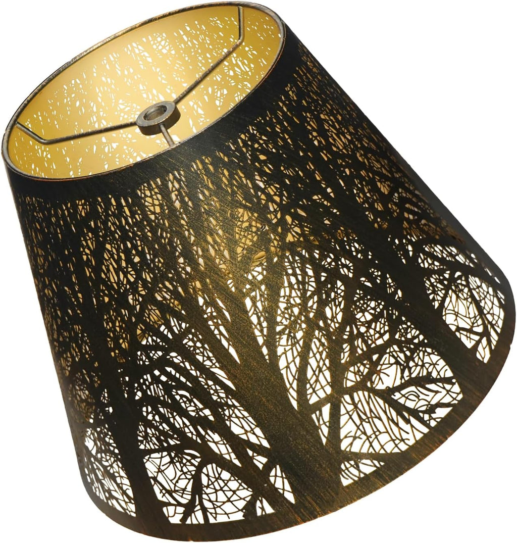 ALUCSET Forest Etched Metal Lamp Shade, 6" Top 10" Bottom 7.5" Spider Fitter Lampshade, Black Outside Gold Inside for Table Lamp Floor Lamp