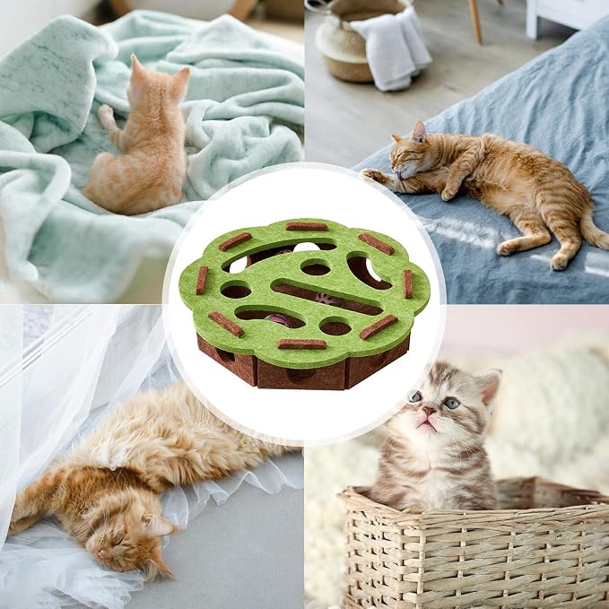 Interactive Cat Ball Track Toy with Felt Cover – Green/Brown, 11.81"