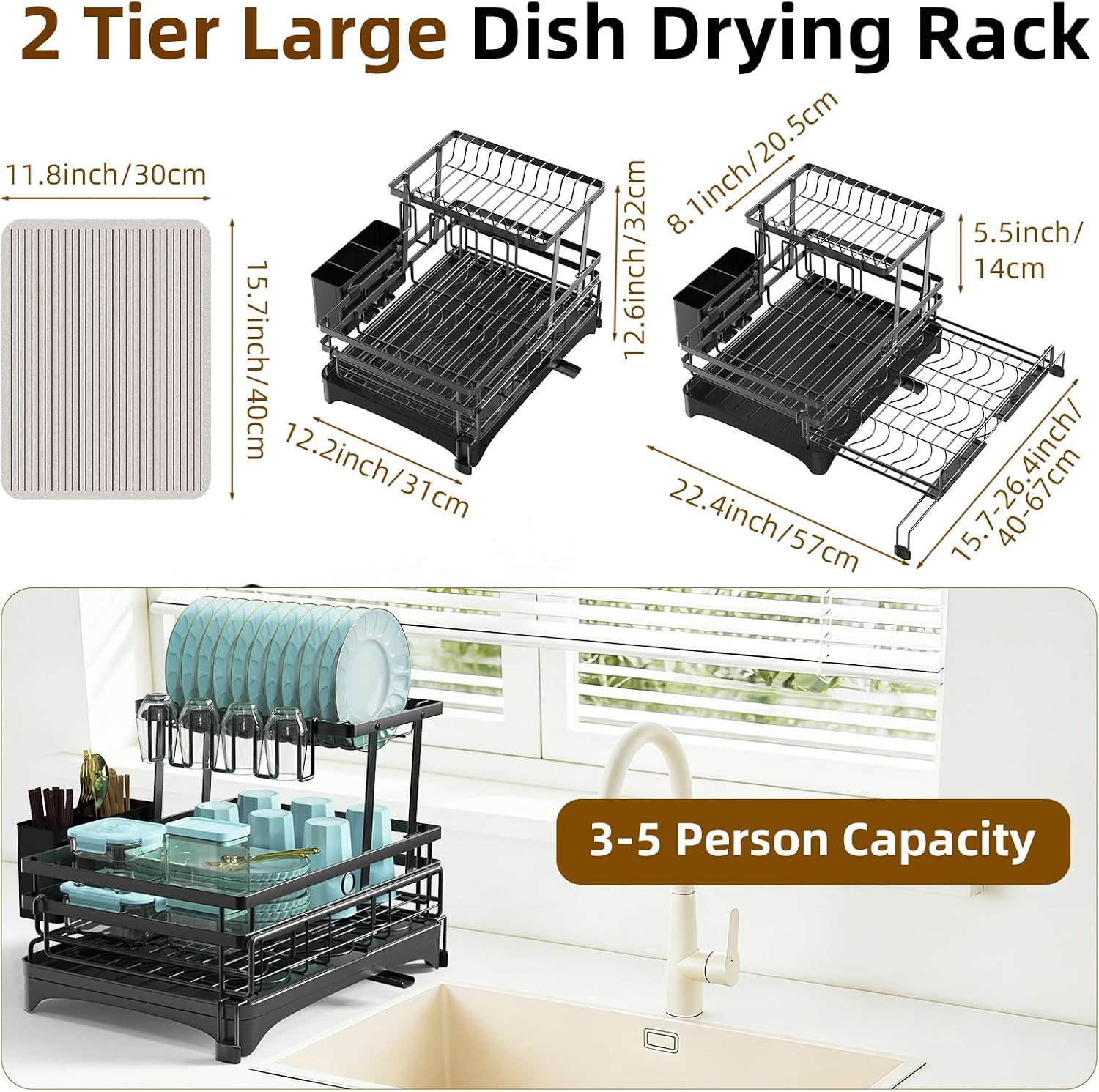 Expandable 2 Tier Dish Drying Rack with Drainboard Utensil Holder, Black Metal Over Sink Dish Drainer with Quick Dry Mat for Kitchen Countertop
