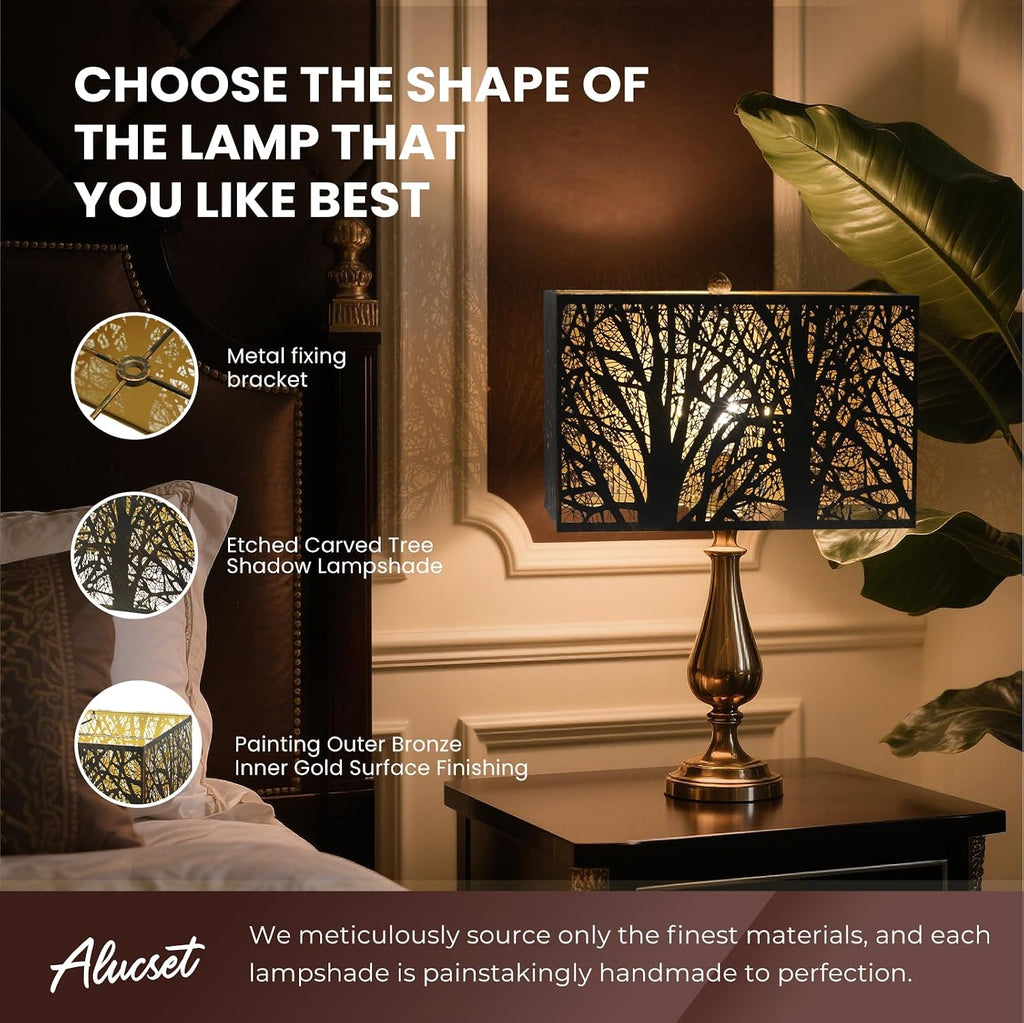 ALUCSET 14"×8"×9" Rectangular Metal Lamp Shade, Forest Etched Tree Shadow Glow Lampshade with Spider Fitter for Table Lamps