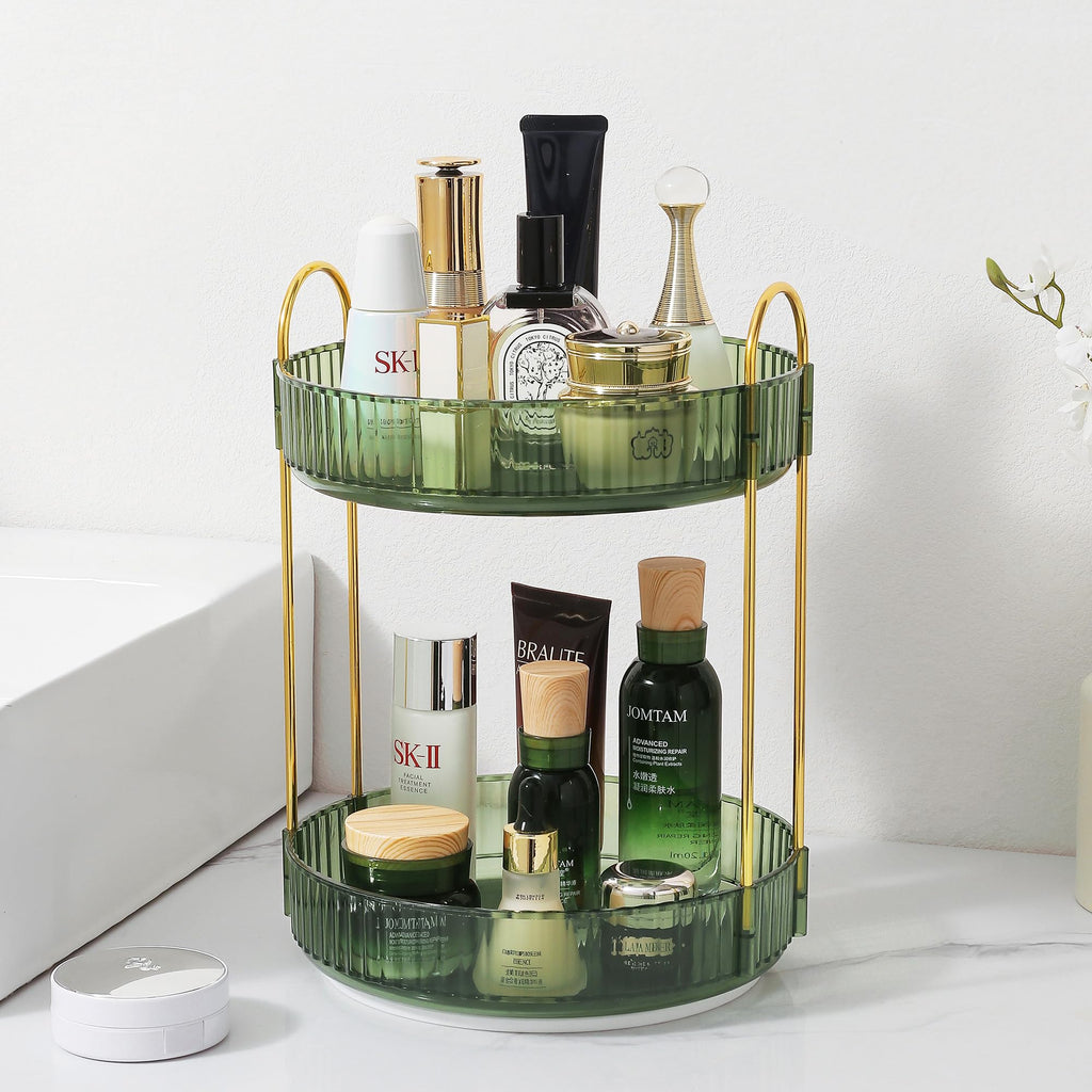 360° Rotating Makeup Organizer, 2-Tier Vanity Organizer for Skincare and Cosmetics, Spinning Perfume Holder, Bathroom Counter Storage, Green