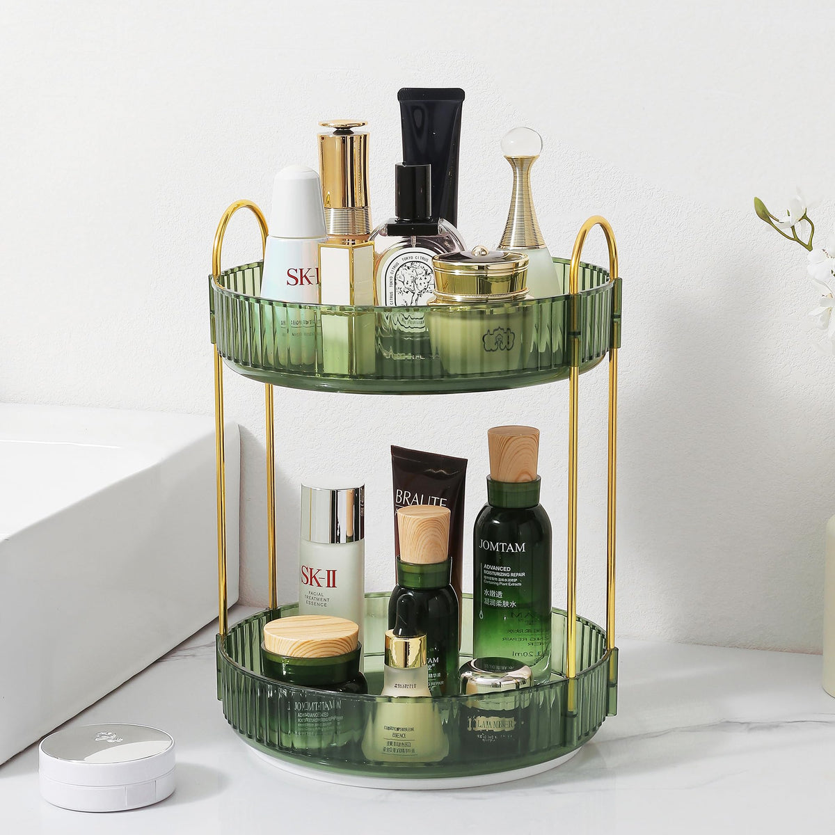 360° Rotating Makeup Organizer, 2-Tier Vanity Organizer for Skincare and Cosmetics, Spinning Perfume Holder, Bathroom Counter Storage, Green