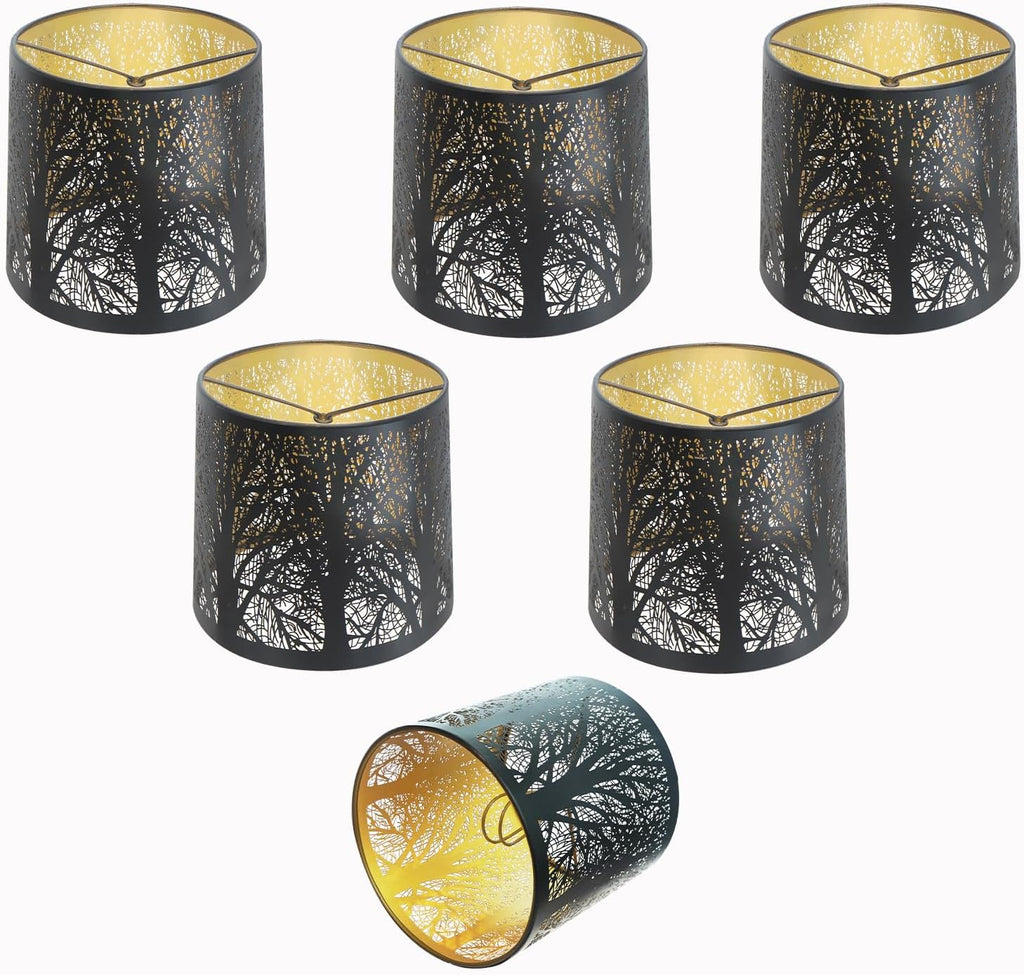 ALUCSET 6 Pack 5.1"×5.1" Small Drum Lamp Shades, Black Gold Forest Etched Clip-On Candelabra Lampshades for Wall Sconces & Chandeliers