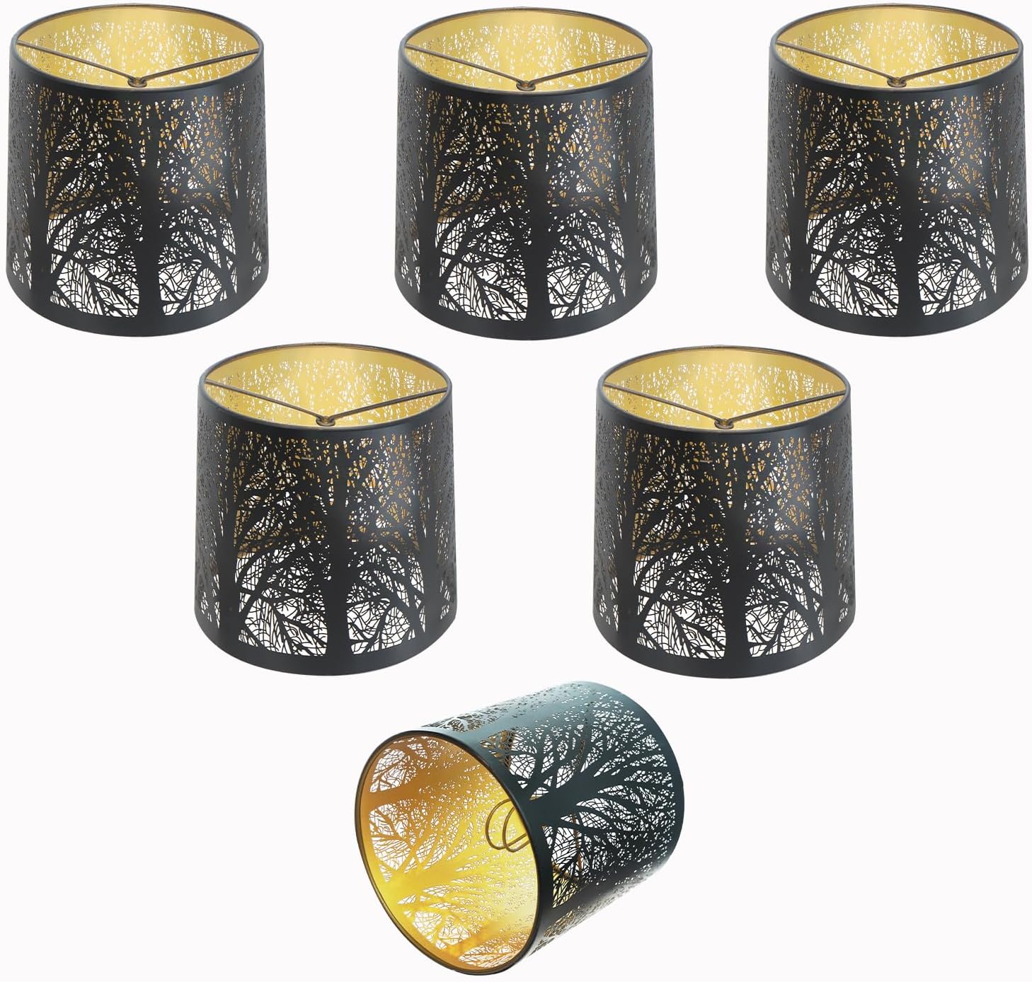ALUCSET 6 Pack 5.1"×5.1" Small Drum Lamp Shades, Black Gold Forest Etched Clip-On Candelabra Lampshades for Wall Sconces & Chandeliers