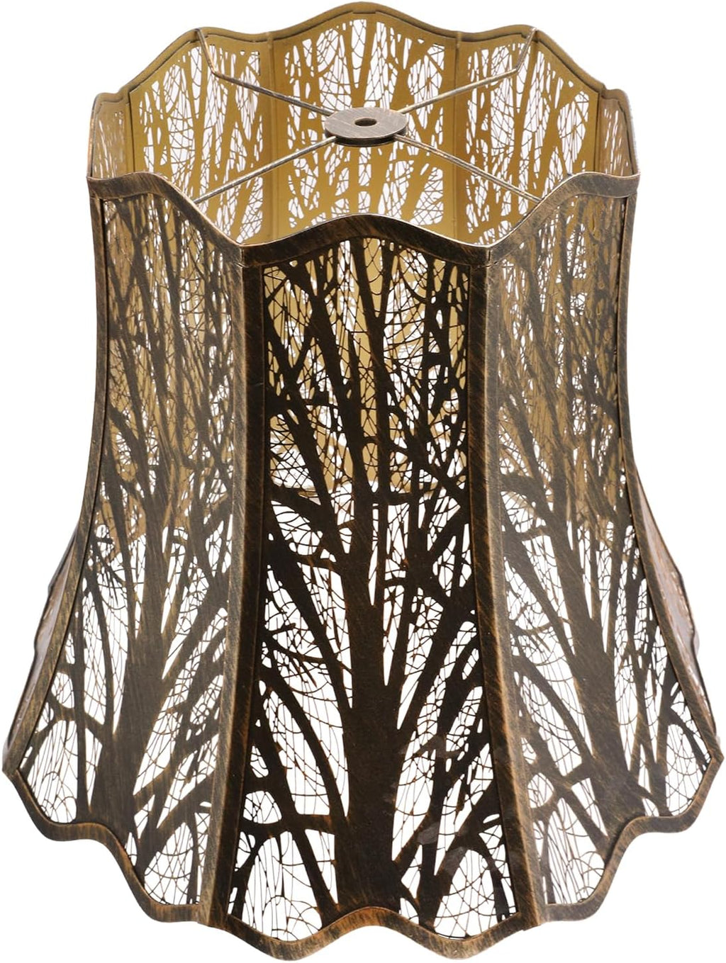 ALUCSET 10"×16"×14.75" Scalloped Metal Lamp Shade, Forest Etched Tree Shadow Bronze Gold Lampshade with Spider Fitter for Table & Floor Lamps