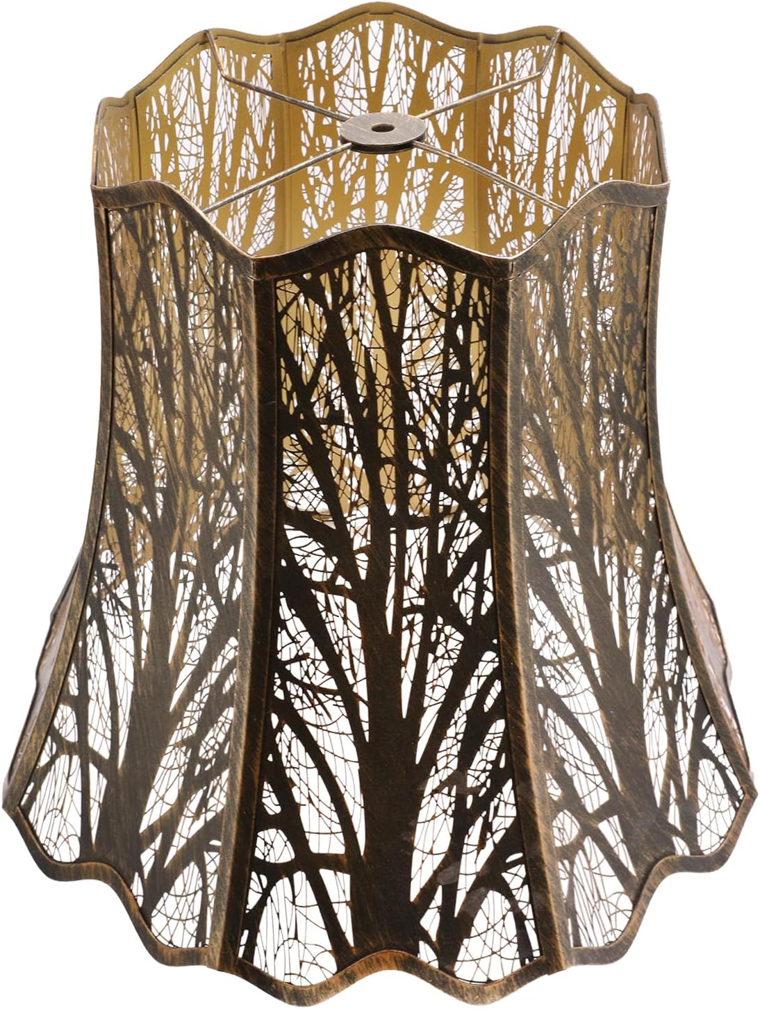 ALUCSET 10"×16"×14.75" Scalloped Metal Lamp Shade, Forest Etched Tree Shadow Bronze Gold Lampshade with Spider Fitter for Table & Floor Lamps