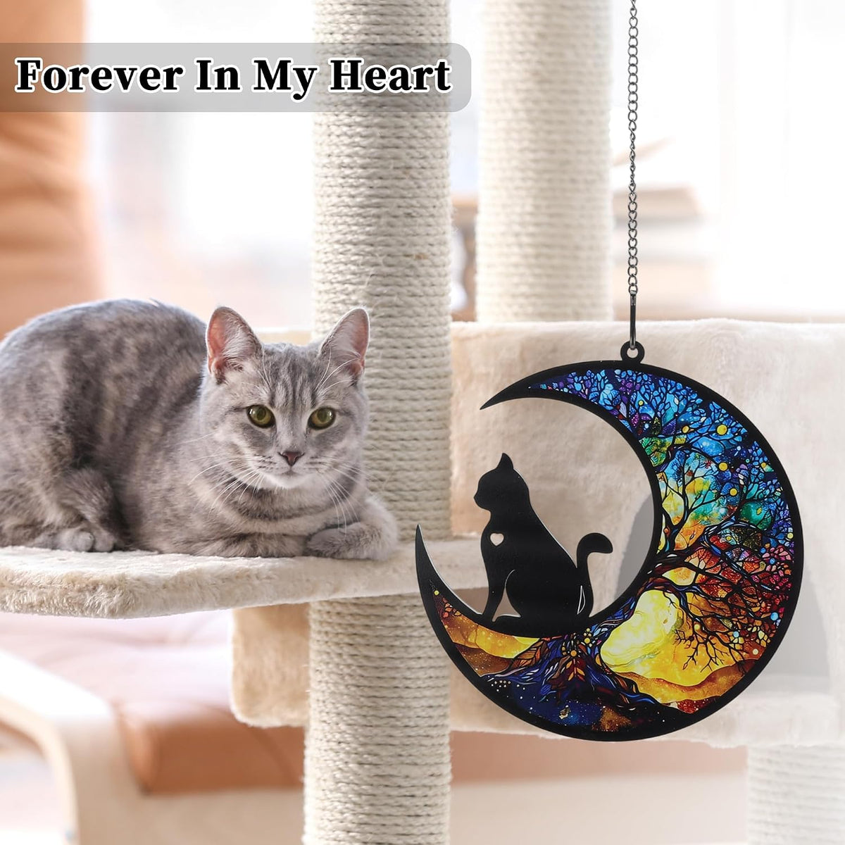 Moon with Silhouette Cat and Tree Acrylic Suncatcher Hanging, 5.9 inch Window Decor with Printed Stained Glass Style Design, Rainbow Maker Wall Art
