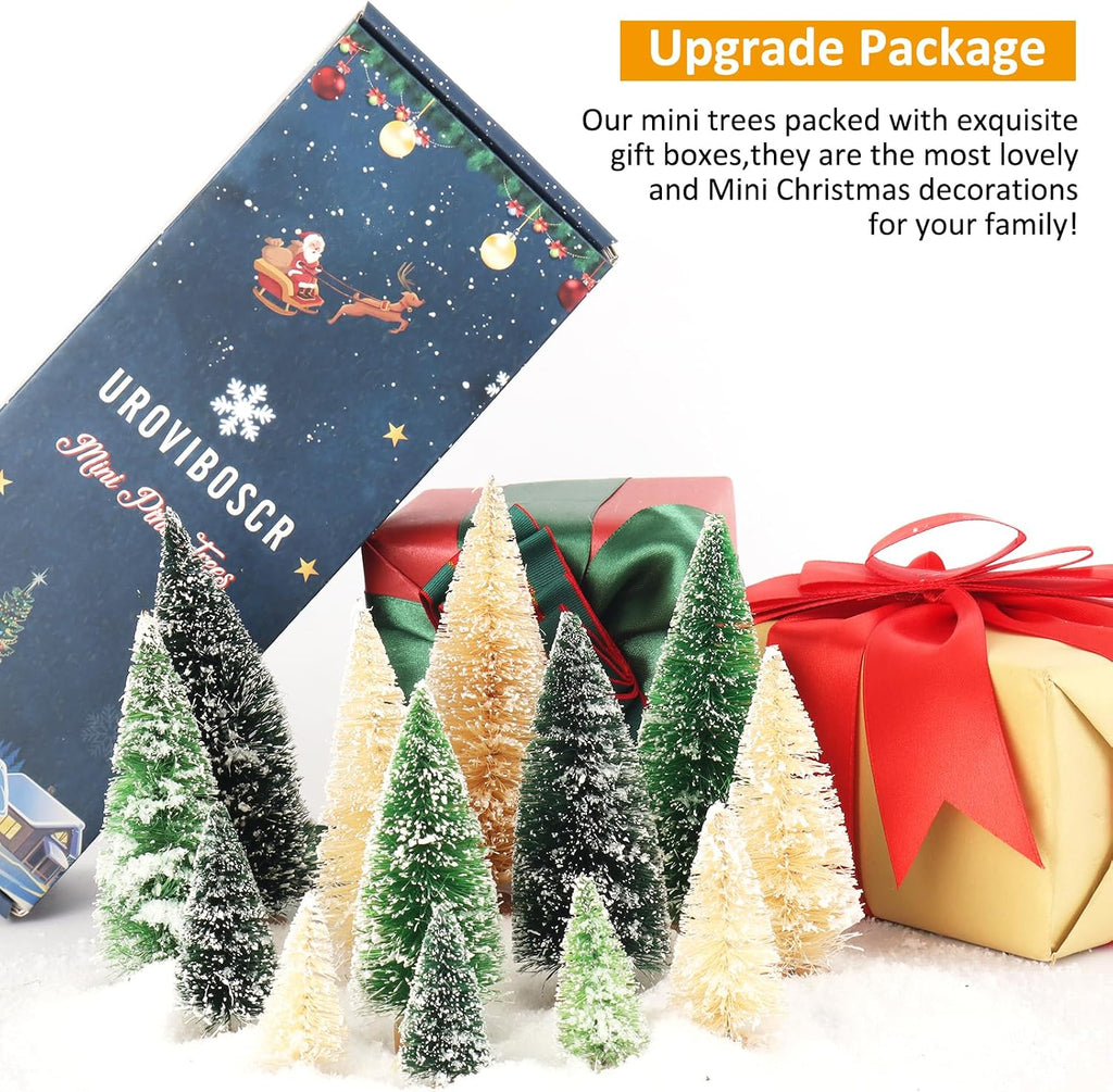 15 Pcs Mini Christmas Trees Decorations, Assorted Flocked Pine Trees with Wooden Base, Snow-Sprinkled Tabletop Ornaments for Party, Table, Gift Box