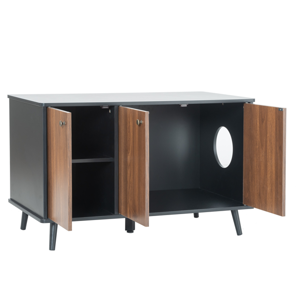 AEELLEEA Cat Litter Box Furniture Cabinet with 3 Doors, Storage Shelves and Side Cat Entry, Black and Walnut