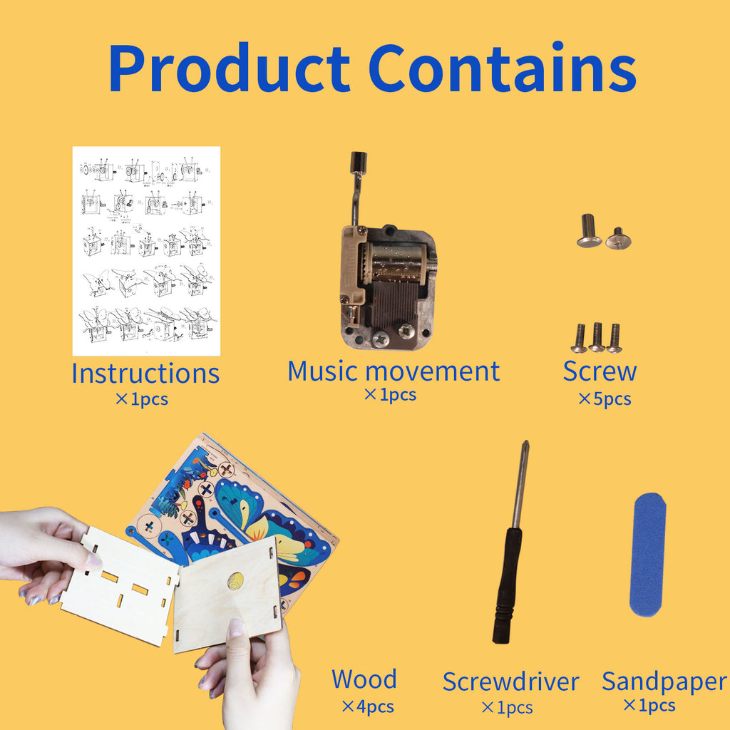 Wooden Butterfly Music Box 3D Puzzle, Hand Crank DIY Assembly Mechanical Music Kit, Gift for Teens 14+