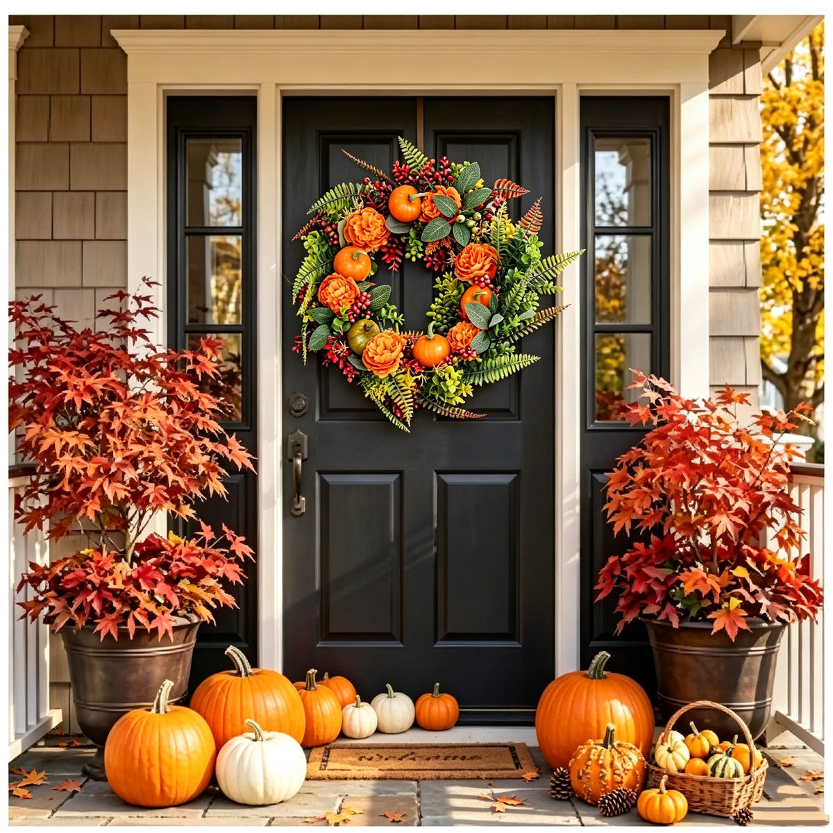 AEELLEEA-17.71 Inch Fall Artificial Wreath, PE Autumn Wreath with Pumpkins, Berries & Leaves, Hanging Ornament for Front Door Wall Thanksgiving Halloween Decor