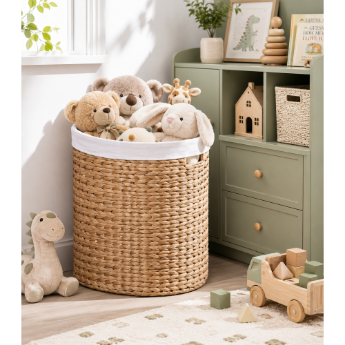 AEELLEEA 17.7 x 15 x 21.7 Inch Woven Water Hyacinth Laundry Basket, Oval Storage Hamper with Removable Liner & Built-in Handles for Bedroom, Nursery