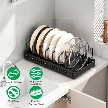 Pull Out Pot Pan Organizer for Cabinet, 8 Adjustable Dividers, Drill-Free Slide Cookware Rack for Pots Lids Dishes, Premium Carbon Steel